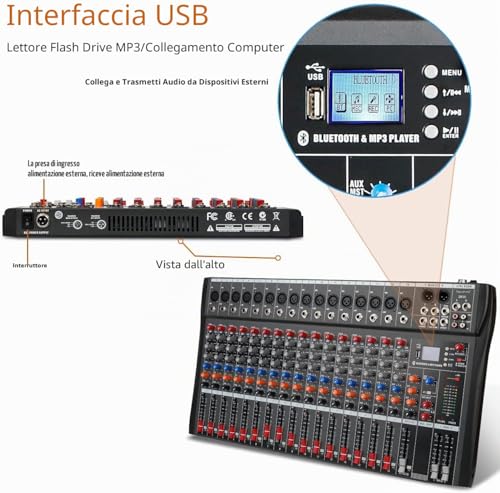 Depesheng DX16 DJ Audio Controller Interface with USB Drive Computer Recording 16 Channel Studio Audio Mixer - XLR Microphone Jack, 48V Power Supply, RCA Input/Output