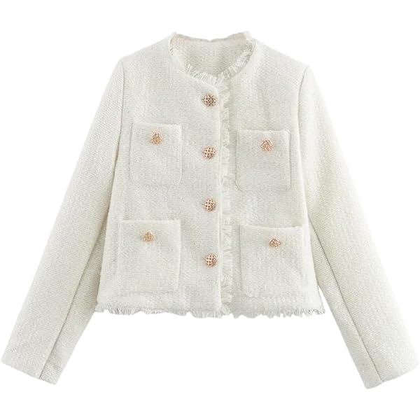 Amazon.com: Women Cropped Tweed Jacket Collarless Raw Hem Casual