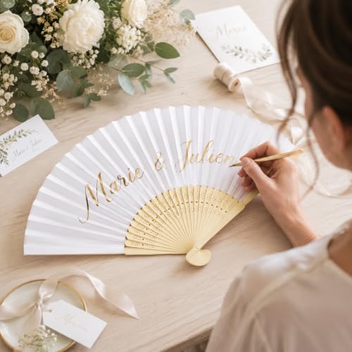 Coicok 12 x Wedding Fans, White Folding Wooden Paper Fans, Customisable Pack with 12 Organza Gift Bags, Japanese Fan for Wedding, Guest, Dance Party Decoration