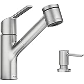 Moen Sombra Spot Resist Stainless Single-Handle Pull-Out Sprayer Kitchen Faucet with Soap Dispenser and Power Clean, 87701SRS