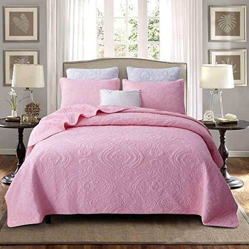LRQY Solid Color Embroidered Cotton Bedspreads & 2 pillowcases,Quilted Reversible Super Soft Bedsheet Bedding Sets,Pink,230x250cm(91x98inch)