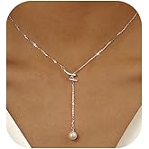 UTISUVIKO Lariat Necklace for Women,Dainty Long 14K Gold Plated Y-Shaped Pearl Necklace 925 Sterling Silver Cubic Zirconia Crystal Ball Sparkle Necklace for Mother Daughter Wedding Mother’s Day Jewelry