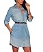 Creabygirls Womens Belt Button Long Sleeve Shirt Denim Dress