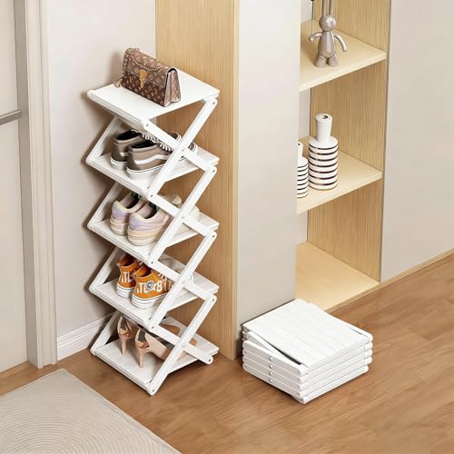 Zapatero de bambú - No requiere montaje, organizador de zapatos plegable, estantería multifuncional para recibidores, rincones y dormitorios, 7 estantes, color blanco (reforzado y de mayor grosor)