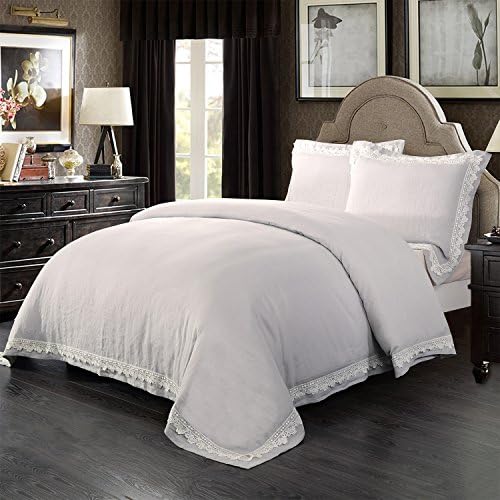King Linens 100% Linen Pure Solid Color 3PCS Duvet Cover Set Lace Border Luxury (Full, Grey)
