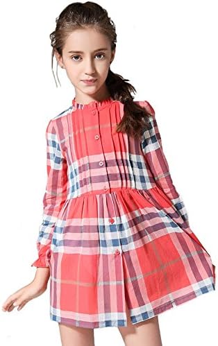 MIQI Little Big Girls' Plaid Shirt Dress Spring Summer Style(Orange05 8T)