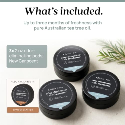 Azuna Car Air Freshener & Auto Odor Eliminator Pods Trio | New Car Scent | Plant Powered by 100% Australian Tea Tree Oil | Long Lasting and No harsh chemicals | Made in USA | 3 Pack of 2oz Pods
