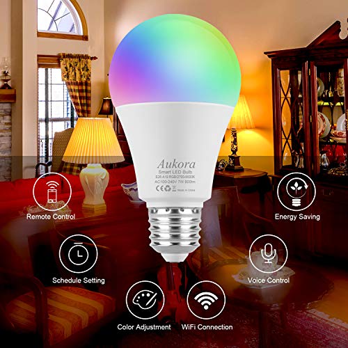 Smart WiFi Light Bulb, Aukora LED Light Bulb Compatible with Amazon Alexa Google Home IFTTT (No Hub Required), E26/E27 60W Equivalent(7W), Color Changing Dimmable Multicolor Light Bulb, 1 Pack
