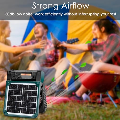 Sendowtek Solar Fan for Camping 10400mAh, Portable Powerful and Quiet 4 Speeds with LED Light and Timer, Rechargeable Battery Fan for Outdoor Tent Camper Travel Table