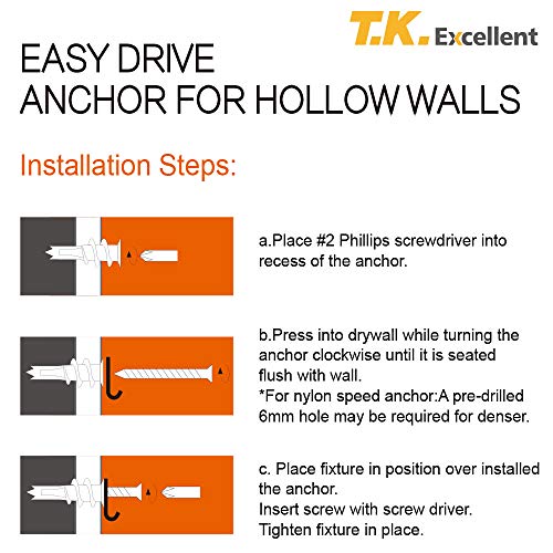 T.K.Excellent Self Drilling Drywall Anchors E8/13x41mm Size 50 Pcs with