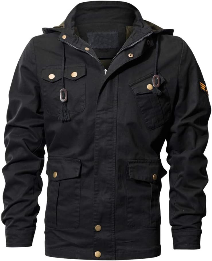 Men's Winter Slim Fit Casual Thicken Multi-Pocket Outwear Cargo Jacket Coat with Removable Hood