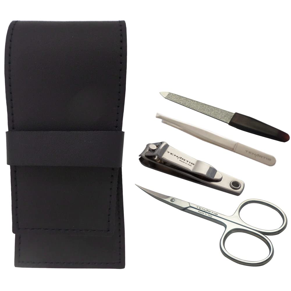 4-Piece Genuine Leather Men's Manicure Set with Nail Clipper - Tenartis Made in Italy (Black)