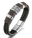 FIBO STEEL Stainless Steel Mens Braided Leather Bracelet Bangle Bracelet Magnetic Clasp 8.0 inches Brown