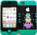 Bumper Case for Apple iphone 4 4G 4S Three Cute Owls hard plastic snap on over Teal Silicone Gel
