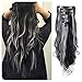 Womens 18 Clips 8pcs Full Head Hair Extensions 24 Inch Long Curly Natural Black mix Silver Grey Hairpiece