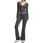SUUKSESS Women 2 pieces Lounge Sets Long Sleeve V Neck Tops Fold Over Flare Leggings
