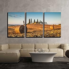 3 Piece Canvas Wall Art - Beautiful Tuscany Landscape with Traditional Farm House and Hay Bales - Modern Home Art Stretched and Framed Ready to Hang - 16"x24"x3 Panels