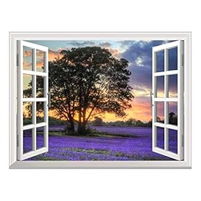 Removable Wall Sticker/Wall Mural - Sunset on a Purple Field | Creative Window View Wall Decor - 24"x32"