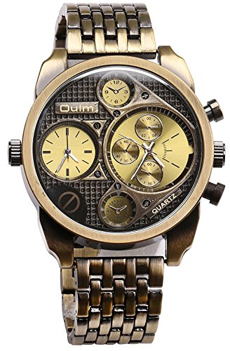 PASOY Mens Retro Style Copper Watch Big Dial 50MM two Time Zone Military Antique Quartz Analog watches