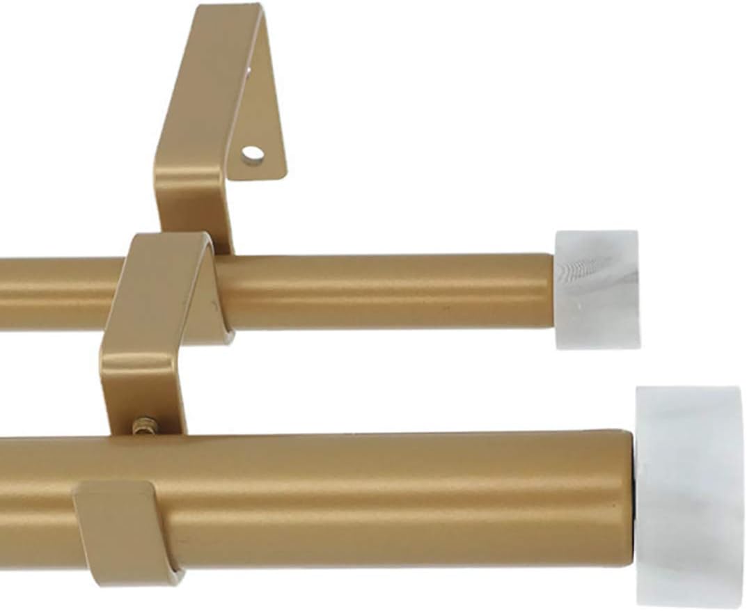 Meriville 1-Inch Diameter Double Window Treatment Curtain Rod, Vico White Marble End Cap Finial, 48-inch to 84-inch Adjustable, Royal Gold