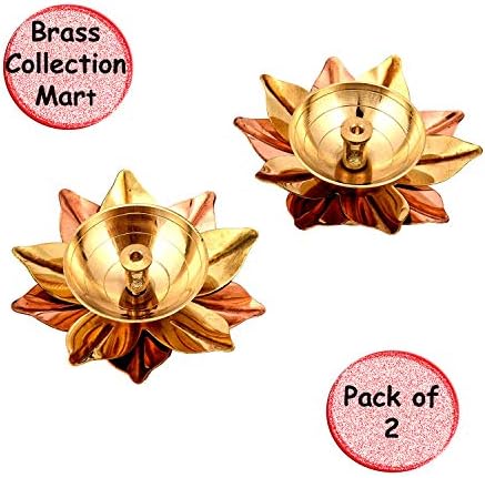 Brass Collection Mart Set of 2 Brass Small Antique Finish Lotus Shape Kamal Diya Oil Lamp for Home Temple Puja Articles Decor Gifts (2 Pcs)