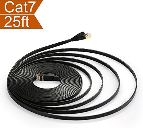 CelerCable - Flat Ethernet Cable Shielded(STP) Cat7 25ft with Snagless RJ45 Connectors, Slim Network Cable Flat Cat 7 Ethernet Patch Cable, Internet Patch Cable Computer Networking Cord (Black)