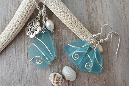 Wire wrapped Turquoise Bay blue sea glass necklace + earrings set,"December Birthstone", Hibiscus and Natural pearl, (Hawaii Gift Wrapped, Mother's Day Gift) (Non-Personalized)