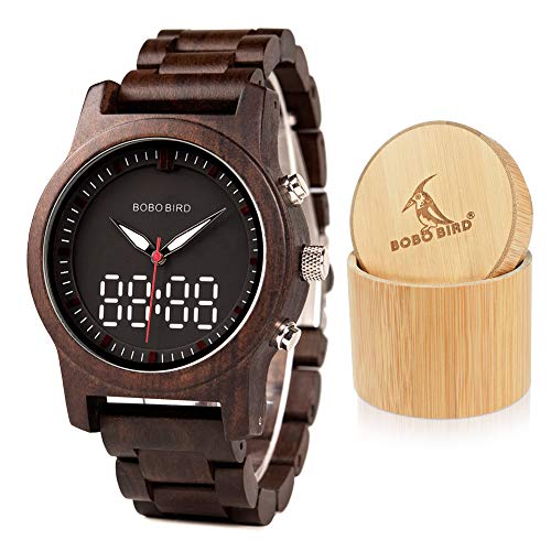 BOBO BIRD Mens Womens Wooden Watches Luxury Sport LED Digital Quartz Double Display Black Sandalwood Watch for Men