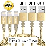 Lightning cable, FEIPUKER (6FT) Nylon Braided Charging Cable Cord Lightning to USB Cable Charger Compatible for IPhone 7/ 7 Plus/6/6s/6 plus/6s plus/ 5c/5s,iPod, iPad, and More (3 PACK Gold)
