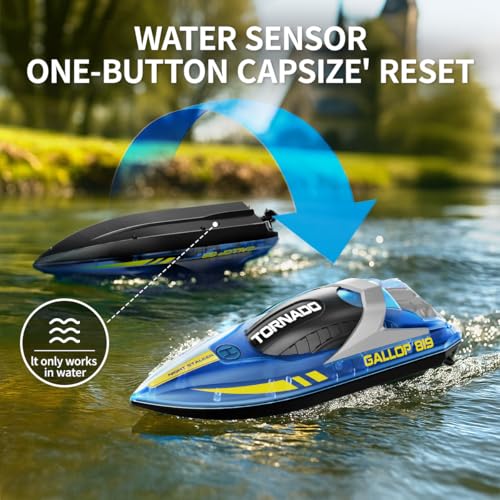 RC Fast RC Boat - 2.4GHz Waterproof Dual RC Boat Set with LED Double Propeller, Automatic Flip 2 Speed, 4 Batteries, for Kids Adults, Swimming Pool and Lake
