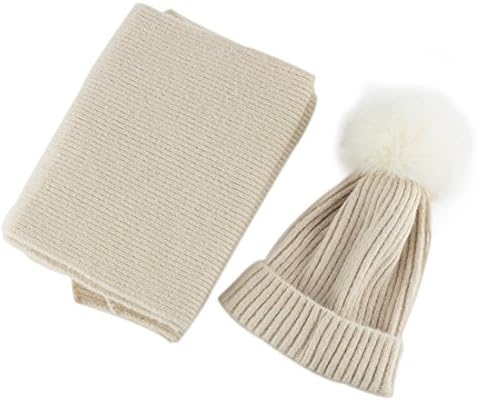Warm Winter Wool Knit Hat and Scarf Set,Real Fox Fur Pom Pom Beanie Hats