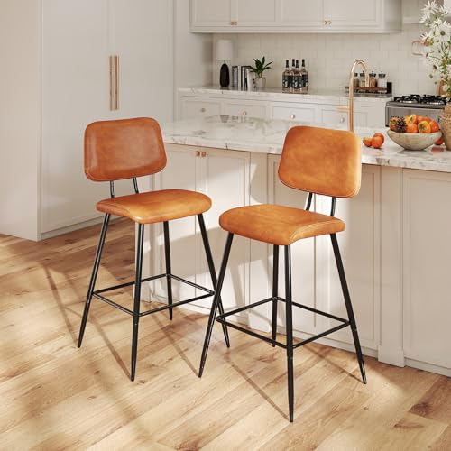 Nusetx 26 Inch Counter Height Bar Stools Set of 2, Modern Faux Leather Kitchen Island Chairs with Back and Metal Leg, Upholstered BarStools, Brown
