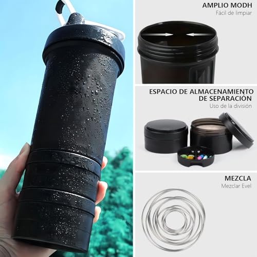 (2 piezas)650ML Blender bottles shaker,shaker blender bottles Con 3 niveles caja de almacenamiento,vaso para proteina,Botella para proteina de coctelera,Apto para fitness y deportes, mezcla en polvo