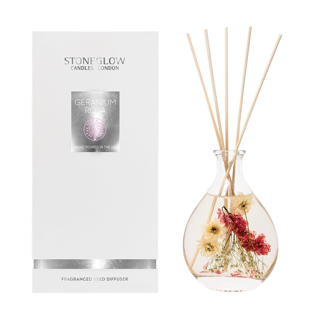 Stoneglow Nature's Gift Geranium Rosa Scented Reed Diffuser 180ml, Lasts 14 Weeks, 12 Rattan Reed Diffuser Sticks, Refillable & Reusable, Premium Home Air Freshener, Citrus, Rose & Peony Notes