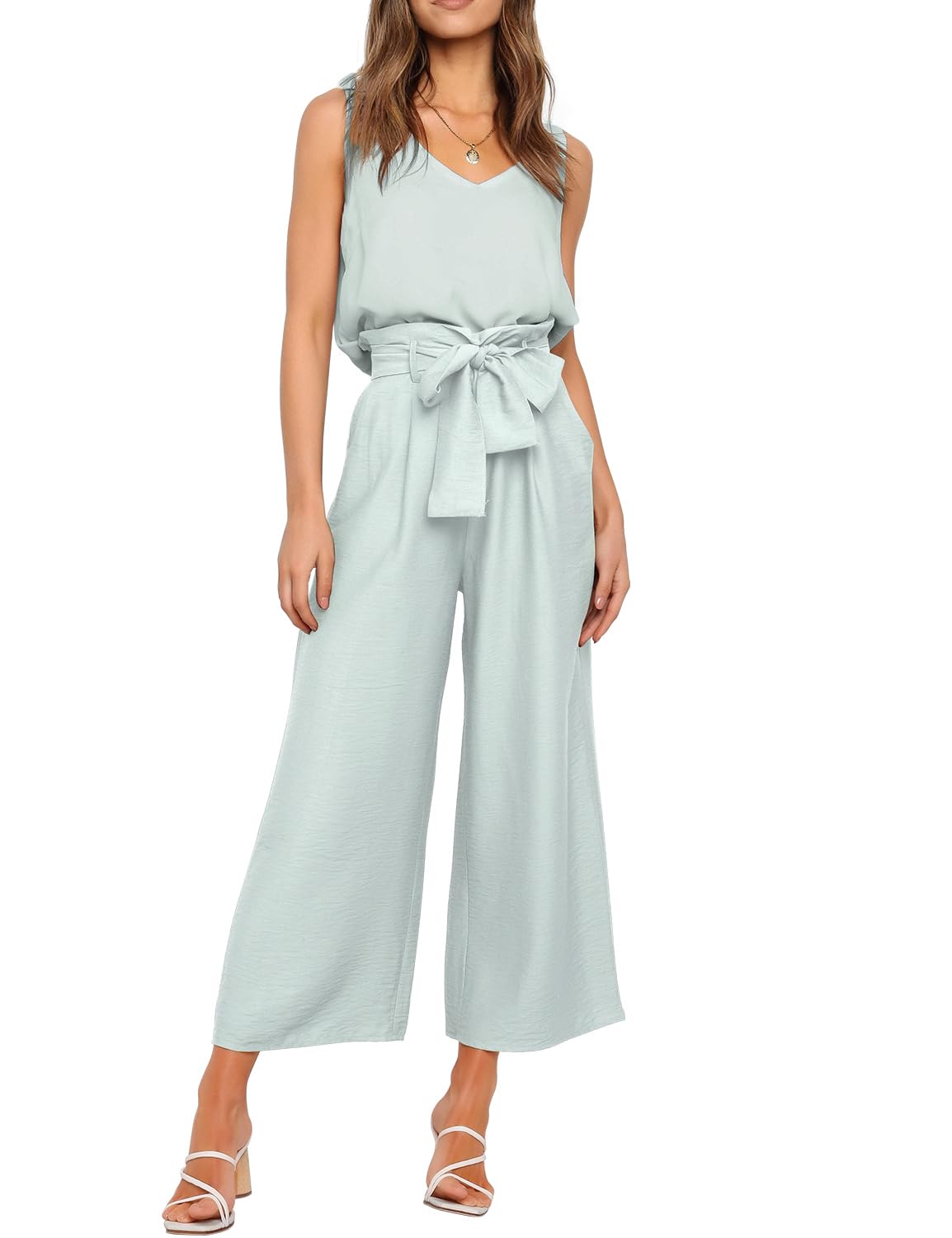 Photo 1 of (BAGGED) FANCYINN Womens 2 Piece Crop Pants Set V Neck Tank Wide Strap Tops High Waisted Cropped Paper Bag Pants with Belt Bright Blue Top & Wide Leg Pants S