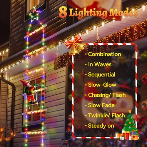 2023 Newest Outdoor Christmas Decorations, 10ft Solar Christmas Ladder Lights with Santa Claus & Top Star, 8 Modes Colorful Waterproof Christmas Decorations Outside Window Wall Roof Xmas Tree Decor