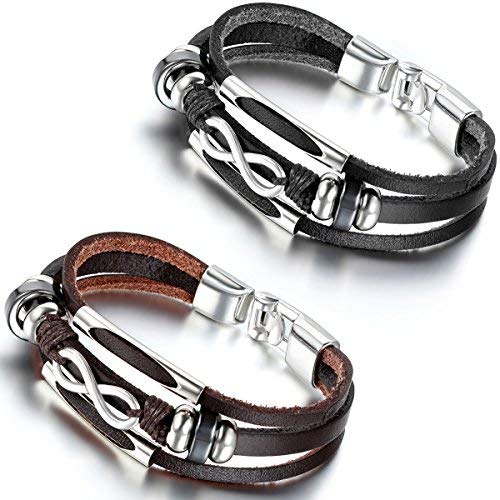 Flongo Men's Women's 2PCS Biker Alloy Silver Infinity Love Symbol Leather Cord Surf Bracelet Bangle, 8.3 inch