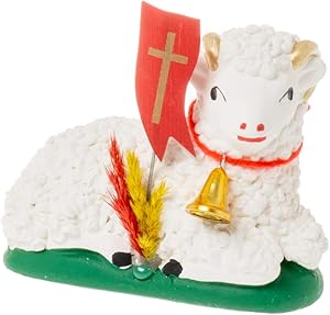 Importer AM Polish Traditional Small Easter Lamb Figurine with Flag and Palm (Baranek Wielkanocny),