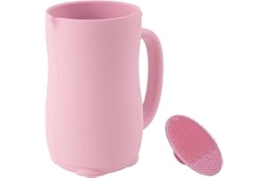 mandoo Baby Bath Rinse Cup - Food Grade Silicone - Shampoo & Body Washing Rinser Cup for Kids with Easy Grip Handle to Rinse Baby Shampoo and Soap - Baby Essentials (Pink+Brush)