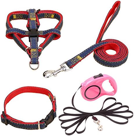 4 Pcs Dog Leash Harness 16ft Retractable Adjustable for Medium Large Dogs up to 110lbs with One Button Brake Lock, Nylon Ribbon Cord, Hand Grip and Heavy Pink
