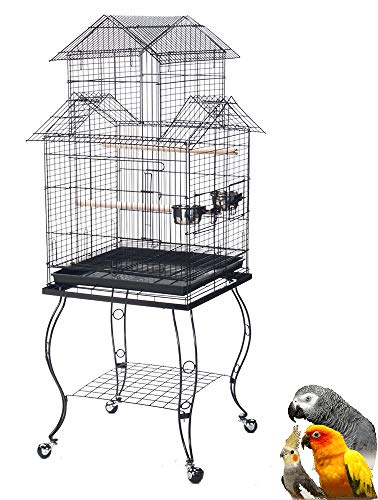 55″ Rolling Standing Triple Roof Top Medium Bird Cage for Mid-Sized Parrot Cockatiel Sun Parakeet Green Cheek Conure Caique Pet Bird Cage with Detachable Stand