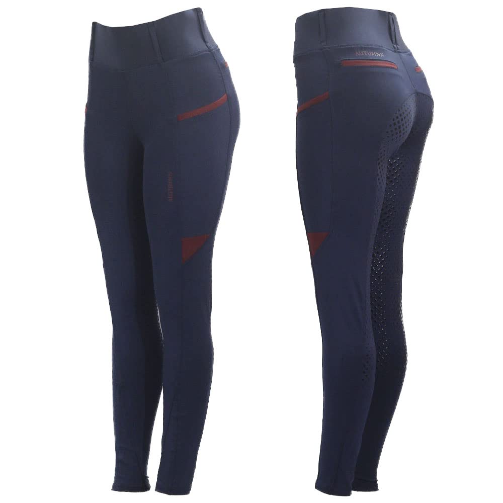 Astile Equestrian Legacy Riding Tights Technical Fabric With Silicon Seat And Front Zip Phone Pocket Navy Burgundy (UK 8 (26 Inch))