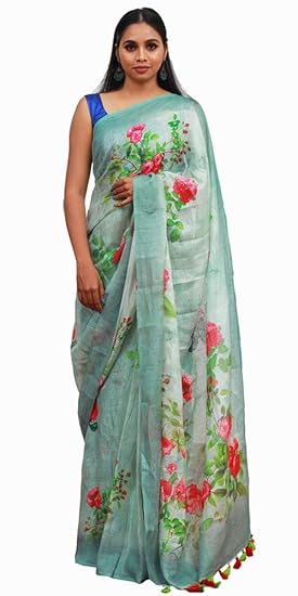 100 Count Pure Linen Floral Digital Print Green Saree with Blouse Piece (Free Size)