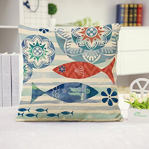 Wevda® Sea Turtle Octopus Fishes Retro Cotton Linen Square Throw Pillow Case Decorative Cushion Cover Pillowcase Blue Ocean Series Sea Life 18*18 - Two Fishes
