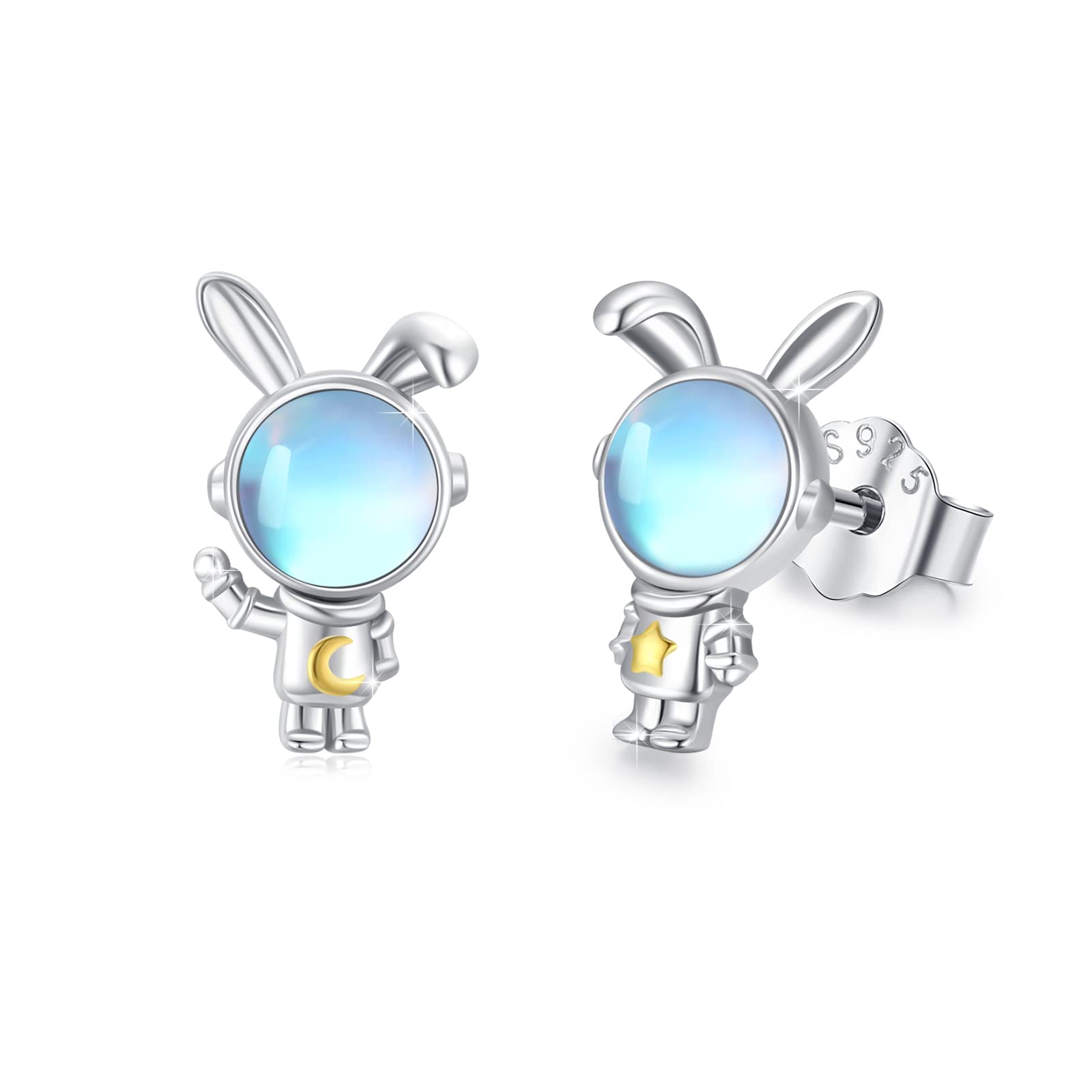 Moonstone Earrings 925 Sterling Silver Cat Earrings/Star and Moon/Penguin/Owl/Hedgehog/Heart Earrings Moonstone Stud Earrings for Women Hypoallergenic Moonstone Jewellery Gift (Astronaut Earrings) — image 1