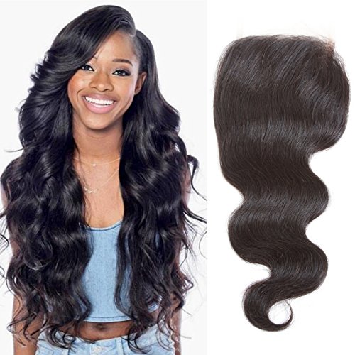 Brazilian Hair Body Wave 4x4 Free Part Swiss Lace Closure Virgin Remy Hair 130% Density Lace Closure Natural Hair Color Soft and Silky (8inches Natural Color)