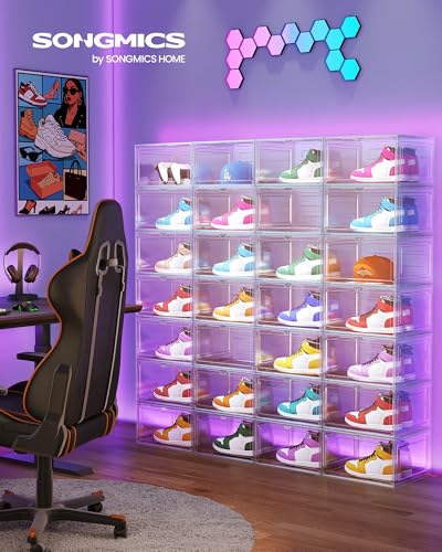 SONGMICS LSP508W01 Set of 8 Shoe Storage Boxes Transparent Plastic Shoe Organiser with Door Stackable 33 x 28.5 x 19.3 cm for Shoes up to Size 46 White Transparent