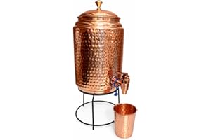 5 Litre Pure Copper Water Dispenser with Stand and 1 Glasses | BPA Free, Non-Toxic | Hammered Texture, Rustproof & Durable | 