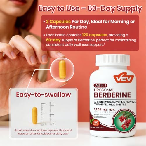 VEV Berberine Supplement with Ceylon Cinnamon, Cayenne Pepper, Turmeric, Milk Thistle – 120 Capsules