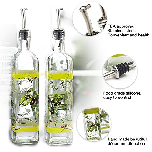 Olive Oil Bottle Set Glass Dispenser Vinegar Cruet 17oz. with Stainless Steel Leak Proof Pourer Spout for Cooking or Salad Dressing by CEDAR HOME, 2 Pack, Green - Thumbnail 2
